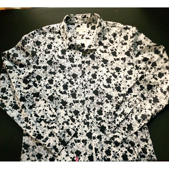 Open Edit Blk/Wht Artsy Splatter Print Long Sleeve Button-Up Long Hem Shirt Sz.L - Picture 2 of 12
